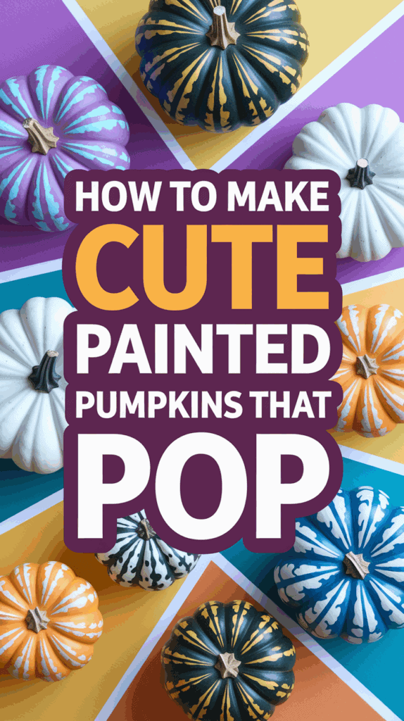 Colorful painted pumpkins arranged on a vibrant, geometric background with large text overlay reading 'How to Make Cute Painted Pumpkins That Pop.'