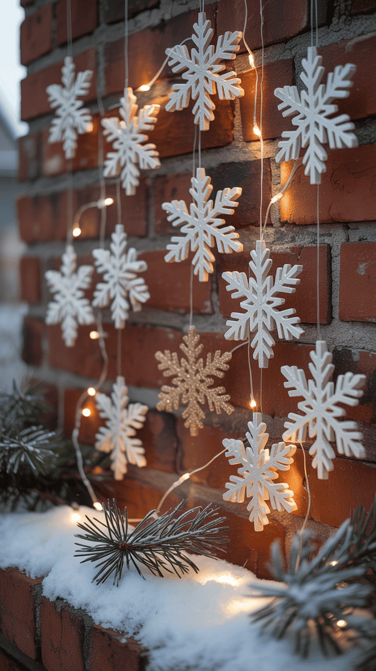 White and gold snowflake decorations hanging on a brick wall, illuminated by string lights, with pine branches and snow at the base.