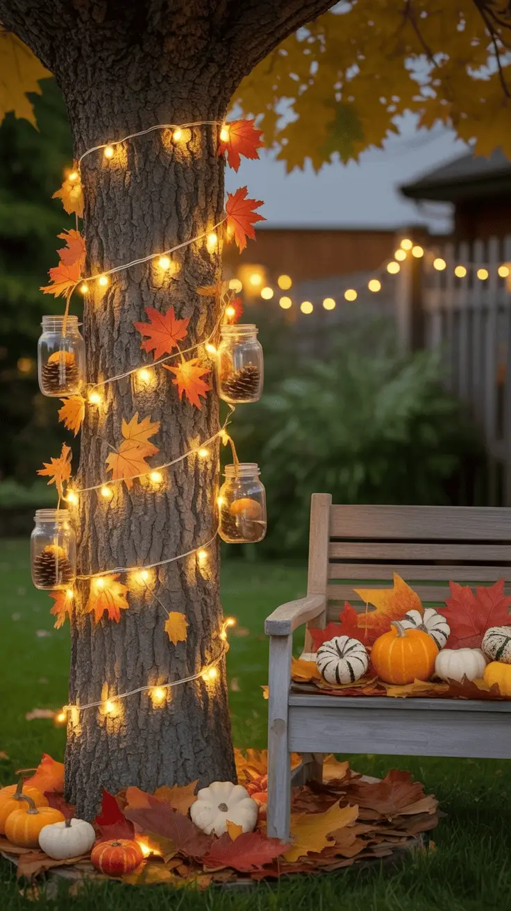 A tree wrapped in string lights and autumn leaves, with hanging jars containing pinecones, next to a bench decorated with small pumpkins and leaves, creating a warm, festive atmosphere.