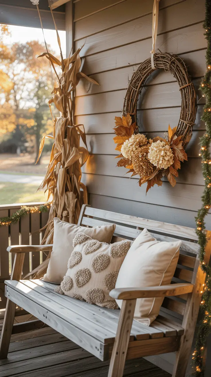 A cozy porch decorated for autumn with a rustic wooden bench adorned with textured pillows, a hanging wreath made of twigs and autumn leaves, and bundled corn stalks next to the bench. The scene is illuminated by soft sunlight and surrounded by fall foliage.