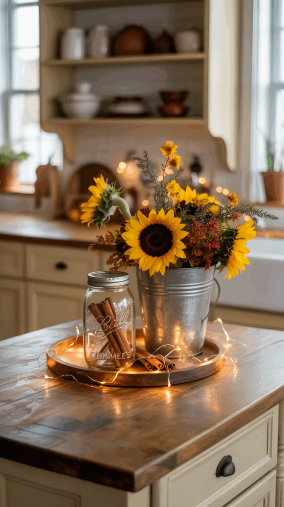 A kitchen scene featuring a wooden countertop with a metal bucket containing sunflowers and other wildflowers, next to a mason jar filled with cinnamon sticks. The setup is adorned with string lights, creating a warm and cozy atmosphere. In the background, shelves are stocked with pottery and kitchen items.