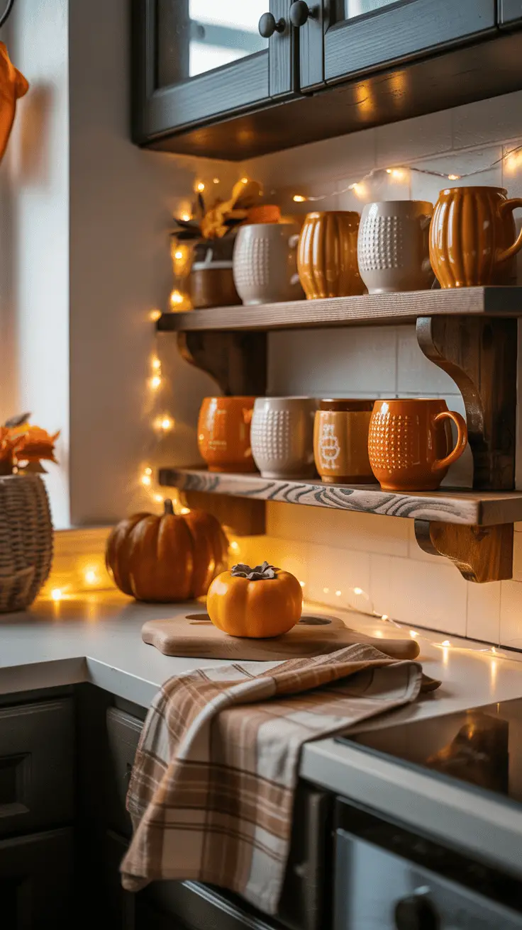 A cozy kitchen corner decorated for autumn, featuring wooden shelves with ceramic mugs in warm tones, string lights, a pumpkin on a cutting board, and a plaid dish towel draped over the counter.