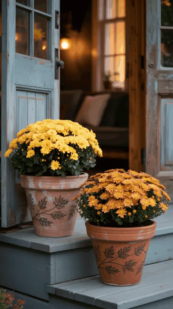 Two flower pots with decorative leaf patterns sit on wooden steps; one contains yellow chrysanthemums and the other orange chrysanthemums, positioned beside an open blue door leading to a warmly lit interior.