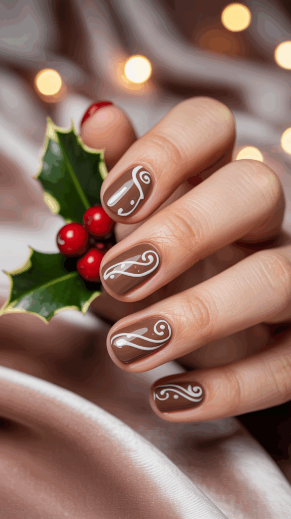 A close-up of a hand with brown and white decorative nail art, holding a sprig of holly with red berries against a blurred background of soft fabric and warm lights.