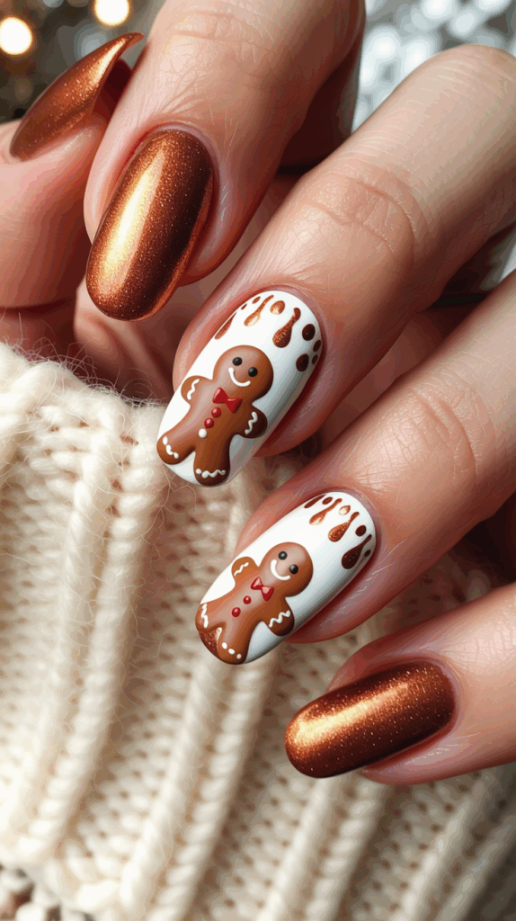 Close-up of a hand with festive nail art, featuring metallic bronze nails and white accent nails decorated with gingerbread men and dripping chocolate designs.