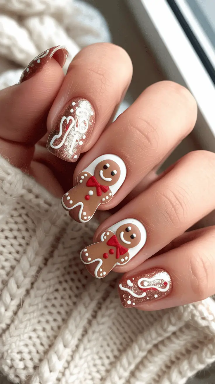 Close-up of a hand with festive nail art featuring gingerbread man designs and white intricate patterns on glittery brown polish, against a beige knitted fabric background.