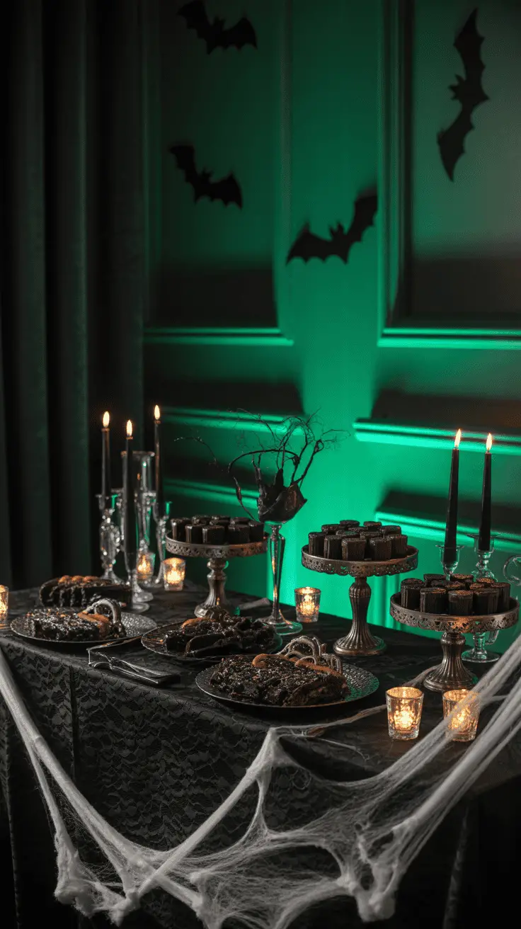 A Halloween-themed dessert table decorated with black lace, faux cobwebs, and dim candlelight. The table features ornate cake stands holding chocolate desserts and is set against a green-lit wall adorned with black bat silhouettes.