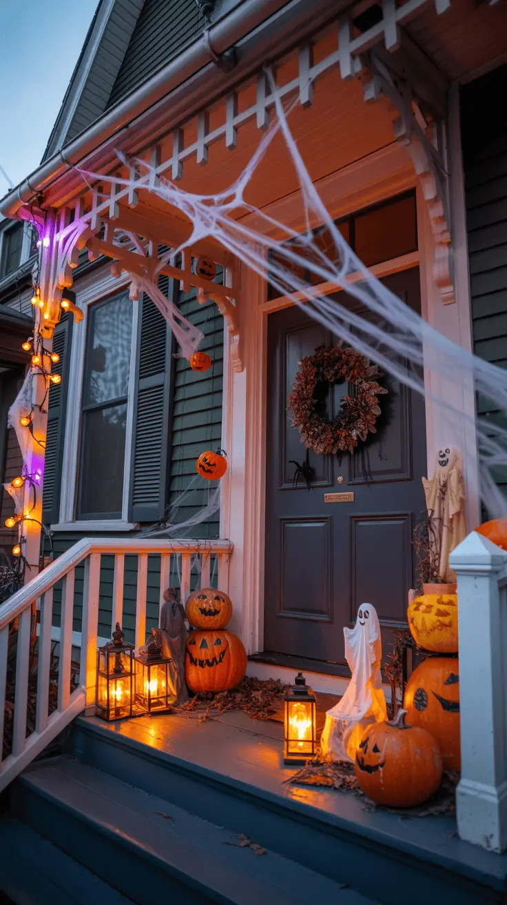 A house entrance decorated for Halloween with pumpkin lanterns, fake cobwebs, hanging lights, and a wreath on the door.
