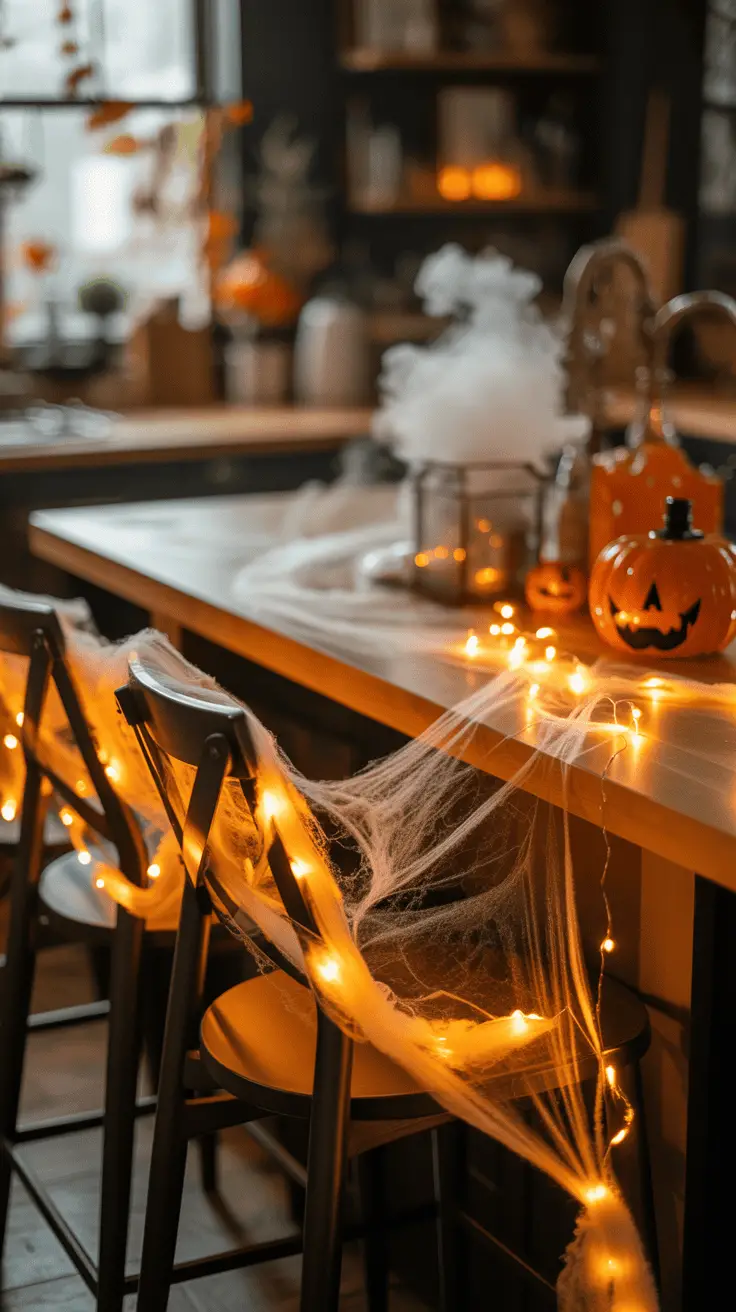 A cozy kitchen decorated for Halloween with a wooden counter adorned with cobwebs, string lights, and a jack-o'-lantern. Smoke rises from a container, adding a spooky effect, while chairs are also decorated with cobwebs and orange lights.