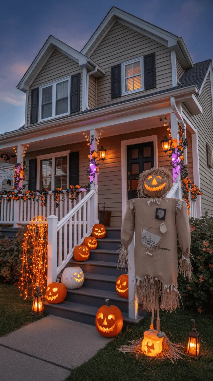 A house decorated for Halloween with glowing jack-o'-lanterns on the porch steps and around the yard, strings of orange and purple lights on the railing, and a scarecrow with a carved pumpkin head standing on the grass.