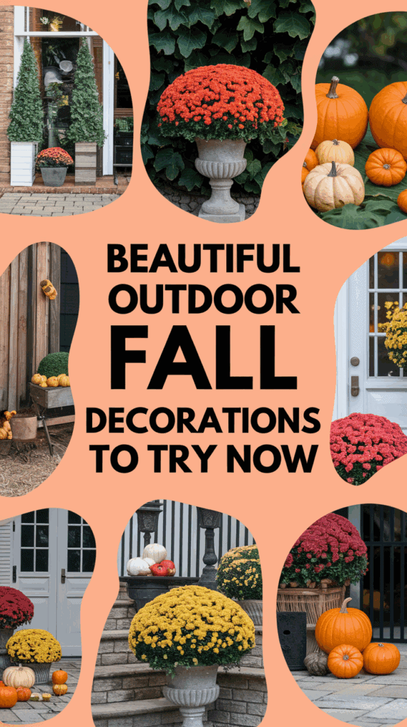 Collage of outdoor fall decorations featuring orange and yellow chrysanthemums in pots, pumpkins, and rustic natural elements, with the text 'Beautiful Outdoor Fall Decorations to Try Now' on a peach background.