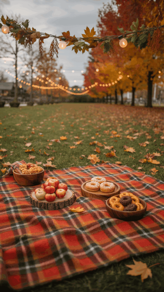 A plaid picnic blanket is spread on a grassy area with fall leaves scattered around. It is set with bowls of assorted snacks: apples, walnuts, and donuts. String lights with autumn leaves hang above in the background, and colorful trees add to the autumn atmosphere.
