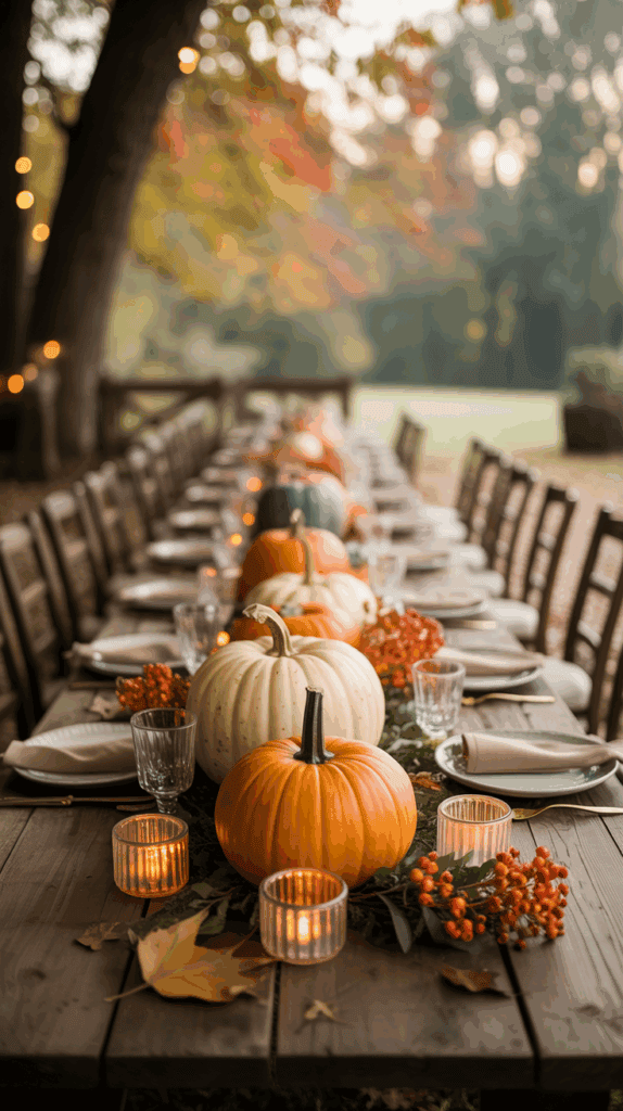 A long outdoor table set for a fall gathering, adorned with a row of pumpkins, autumn leaves, and orange berries. Candle holders with glowing candles are placed alongside, and the table is surrounded by chairs with a backdrop of colorful fall foliage.
