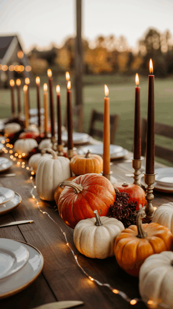 A rustic outdoor dining table decorated with various pumpkins, autumn flowers, and lit candles in holders, set for an evening gathering with a blurred background of autumn foliage.
