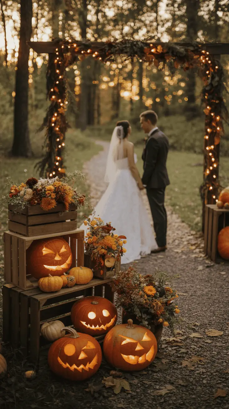 A couple in wedding attire stands under a decorated wooden archway in a forest during sunset, surrounded by carved pumpkins, colorful autumn flowers, and illuminated string lights.