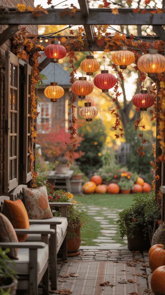 A cozy outdoor patio decorated for autumn, featuring glowing lanterns and strings of colorful leaves hanging from a pergola, with benches adorned with patterned cushions and orange pillows. In the background, there are pumpkins and potted plants leading to a garden path.
