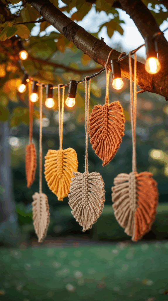 A tree branch adorned with string lights and handcrafted yarn leaves hanging from it, featuring colors like brown and yellow, set against a blurred natural background.