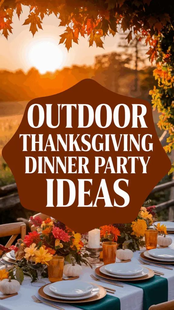 A festive outdoor dining table set for Thanksgiving, surrounded by autumn leaves and a sunset, with text reading 'Outdoor Thanksgiving Dinner Party Ideas.'