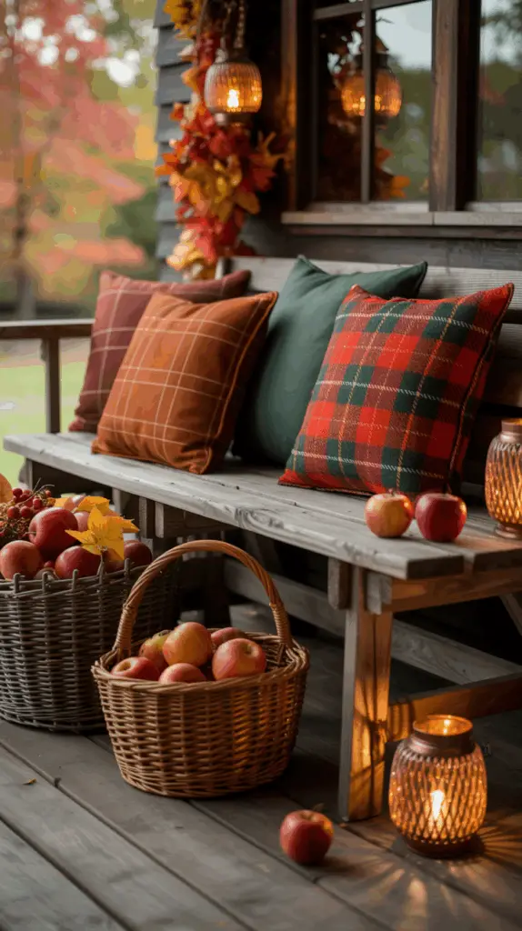 A cozy porch decorated for fall with a wooden bench featuring plaid and solid-colored cushions in earthy tones. A garland of autumn leaves and hanging lanterns add warmth. Baskets filled with red apples and an additional apple on the floor contribute to the seasonal theme.