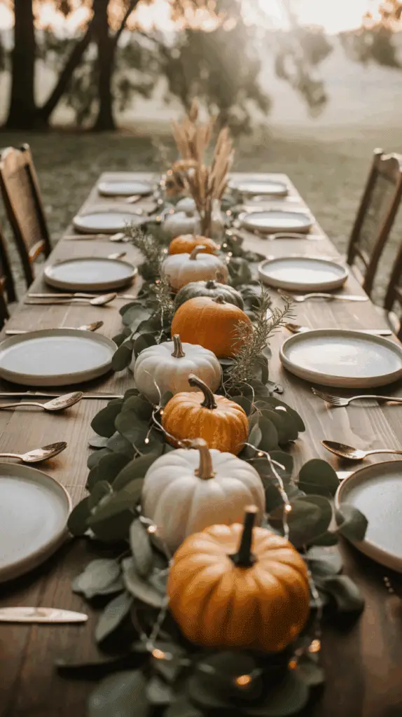A rustic outdoor dining table decorated for fall, featuring an arrangement of orange and white pumpkins, green foliage, and string lights down the center, with empty plates and cutlery set around the table under soft natural light.
