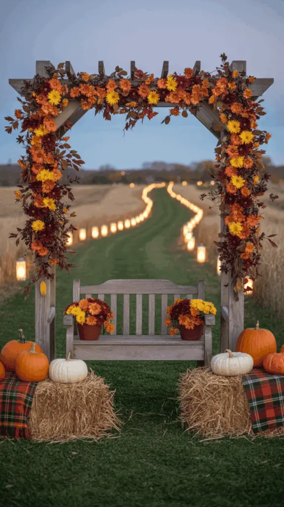 A wooden archway decorated with autumn leaves and flowers frames a wooden bench in the foreground, with hay bales, pumpkins, and plaid blankets on either side. The scene is set on a grassy path lined with glowing lanterns that extend into the distance.