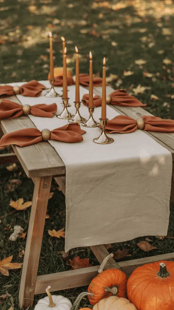 A rustic wooden table set for autumn with a beige table runner, orange cloth napkins tied with straw rings, orange taper candles in gold holders, and surrounded by pumpkins and fallen leaves.