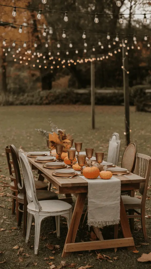 A rustic outdoor dining table set with autumn-themed decorations, including small pumpkins, glass goblets, and plates, under string lights in a grassy area surrounded by trees with fall foliage.