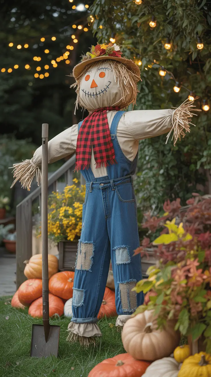 A festive scarecrow dressed in overalls and a checkered scarf stands among pumpkins and fall foliage with string lights glowing in the background.