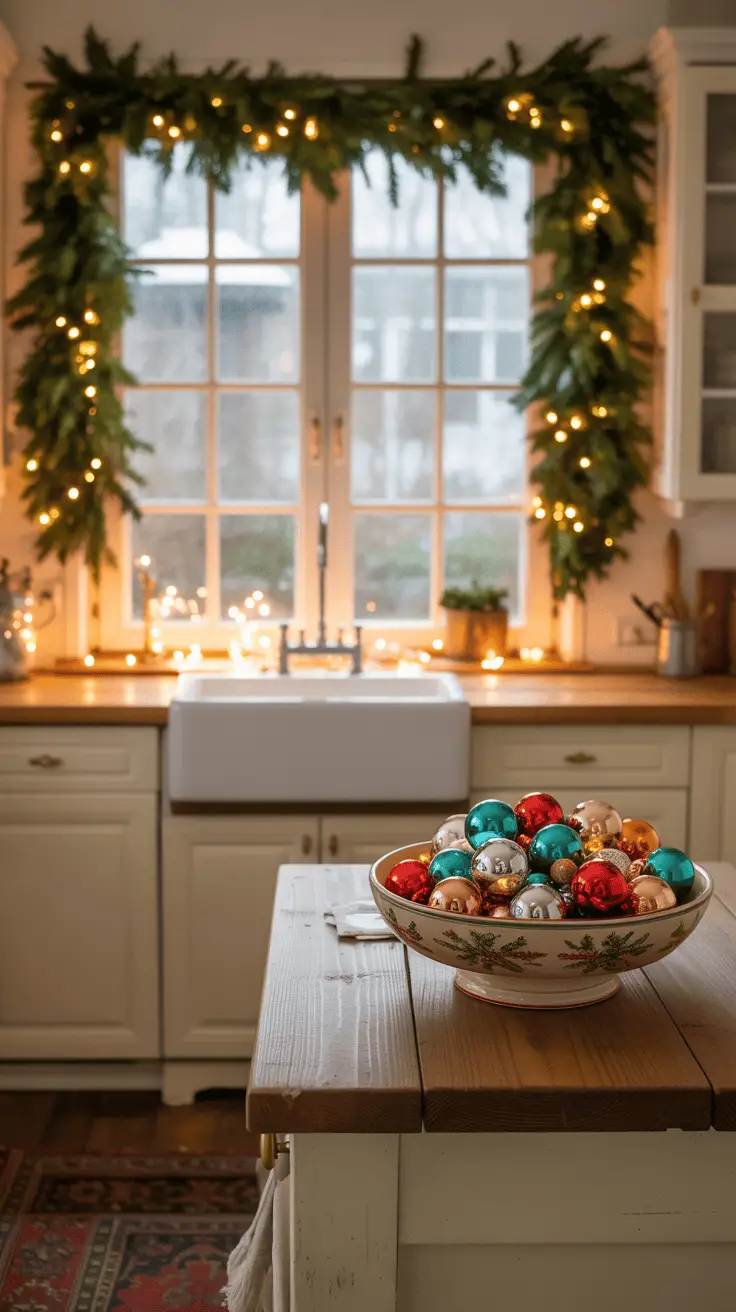 A kitchen decorated for Christmas with an arrangement of green garland and lights around a window. A bowl filled with colorful Christmas ornaments sits on a wooden kitchen island.