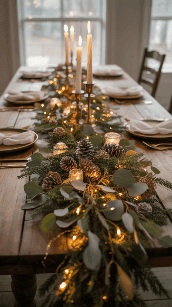 A festive dining table centerpiece featuring a garland made of pine cones, evergreen branches, and eucalyptus leaves, accented with small glowing lights and surrounded by lit candles in holders.