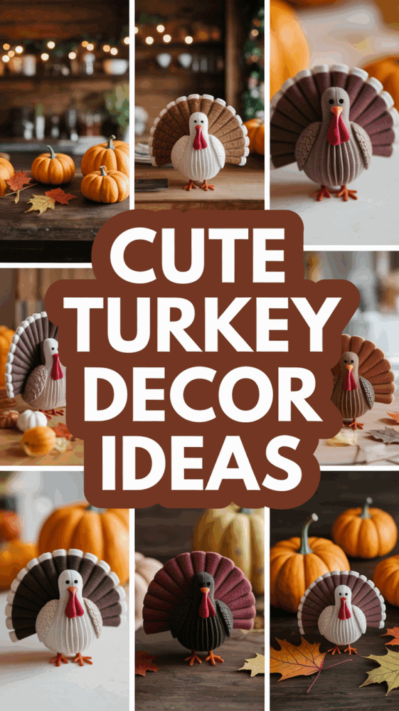 Collage of various turkey-shaped decorations surrounded by pumpkins and autumn leaves, with the text "Cute Turkey Decor Ideas" in bold letters.
