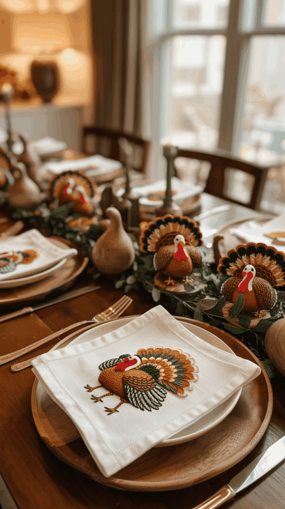 A Thanksgiving-themed table setting with a large white napkin embroidered with a colorful turkey placed on a wooden plate. The table is decorated with turkey figurines and greenery, creating a festive atmosphere.