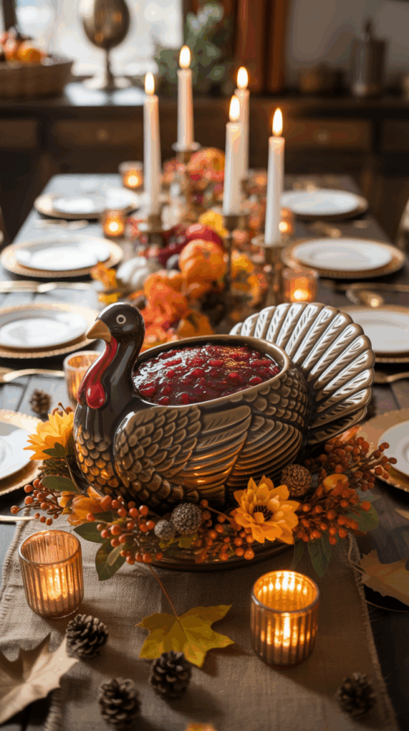 A Thanksgiving table centerpiece featuring a ceramic turkey-shaped dish filled with cranberry sauce, surrounded by candles, autumn leaves, and decorative sunflowers, set on a festive dining table with place settings and lit candles in the background.