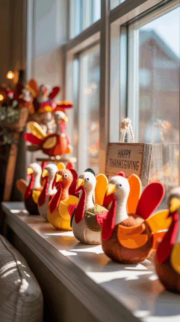 A row of colorful felt turkey decorations line a windowsill, illuminated by sunlight, with a "Happy Thanksgiving" sign in the background.