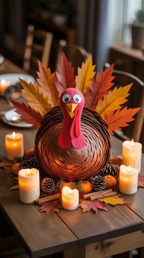 A Thanksgiving table centerpiece featuring a handmade turkey decoration with googly eyes and a red felt wattle, surrounded by colorful autumn leaves, pine cones, and small pumpkins. The table is adorned with lit candles on a wooden surface.