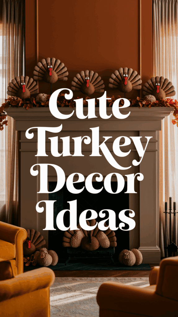 A homey living room with a fireplace adorned with plush turkey decorations and autumn leaves, complemented by the text 'Cute Turkey Decor Ideas.'