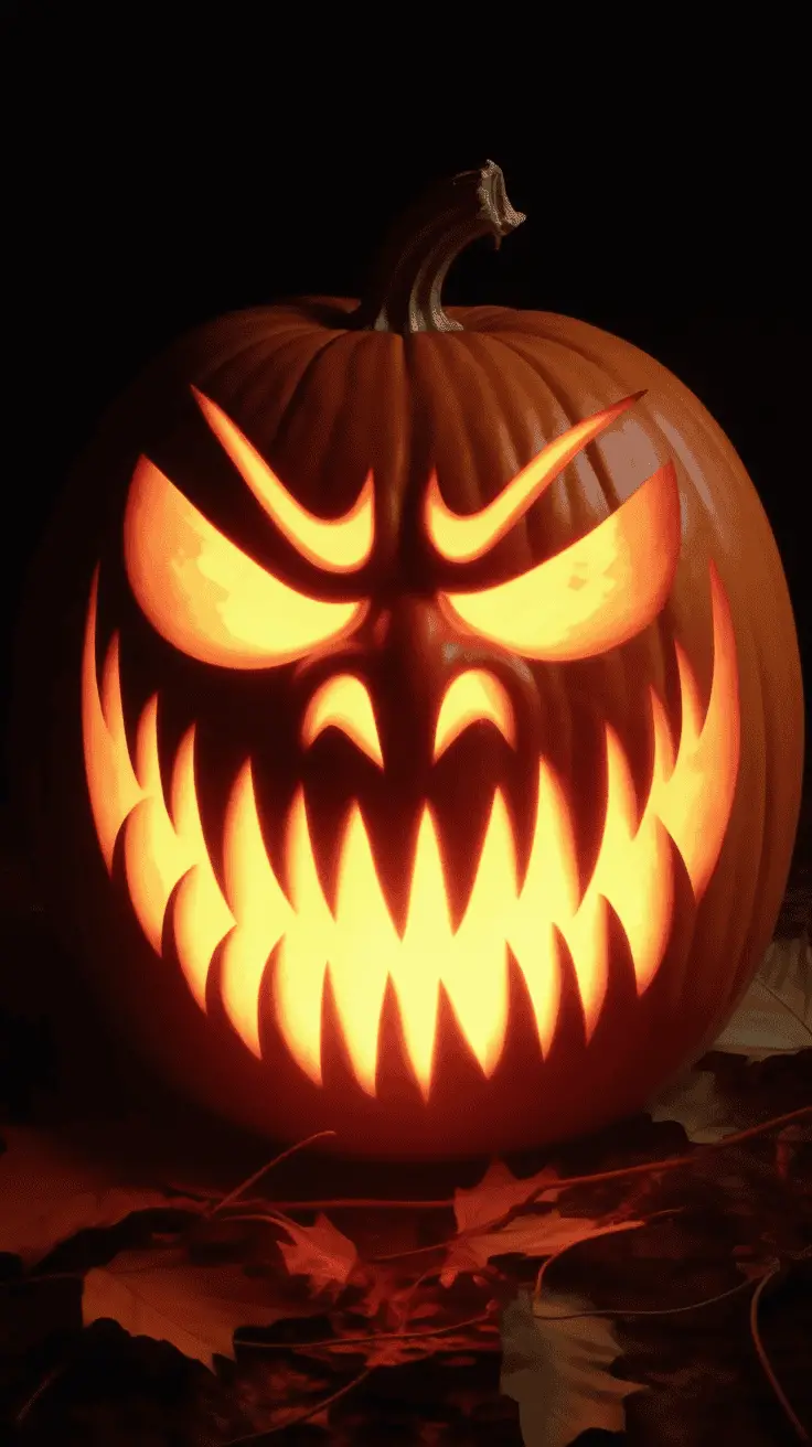 A carved pumpkin with a menacing face, glowing brightly from within, featuring slanted eyes and a wide grin with sharp, jagged teeth, set against a dark background with autumn leaves scattered at its base.