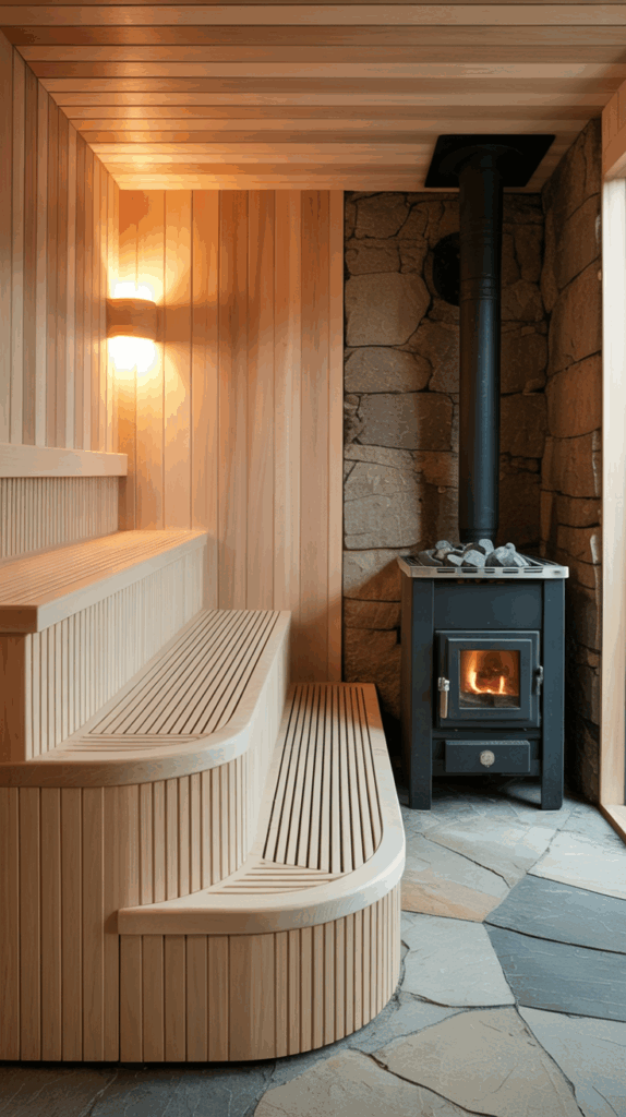 A cozy sauna interior featuring wooden benches and a lit stove on a stone wall, with warm ambient lighting.