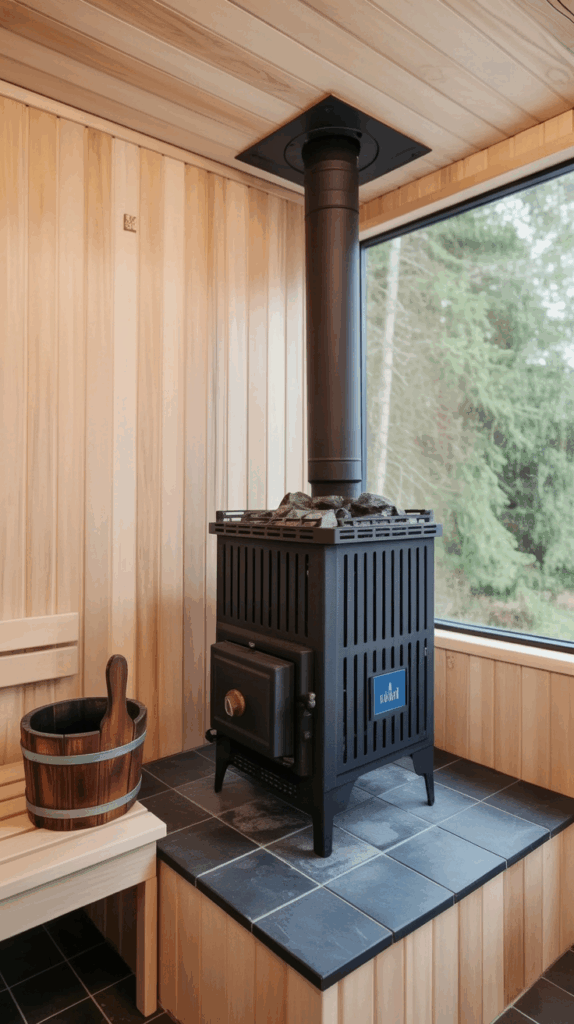 A modern sauna interior with a black wood-burning stove on a tiled platform, surrounded by wooden walls. A wooden bucket and ladle sit on a wooden bench nearby, with a large window providing a view of green trees outside.