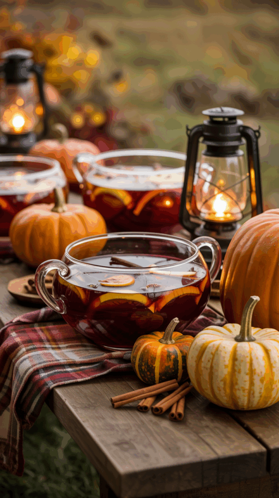 A rustic table set for fall with bowls of mulled drink garnished with orange slices and cinnamon sticks, surrounded by pumpkins, a lantern, and autumn leaves.