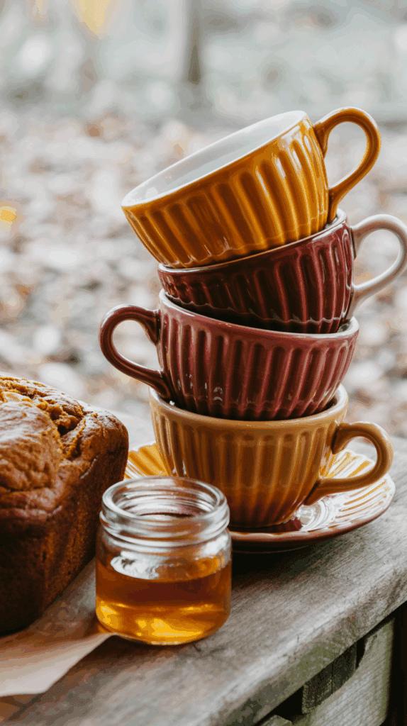 A stack of colorful ribbed mugs, with red and orange hues, sits next to a jar of honey and a loaf of bread on a wooden surface outdoors.