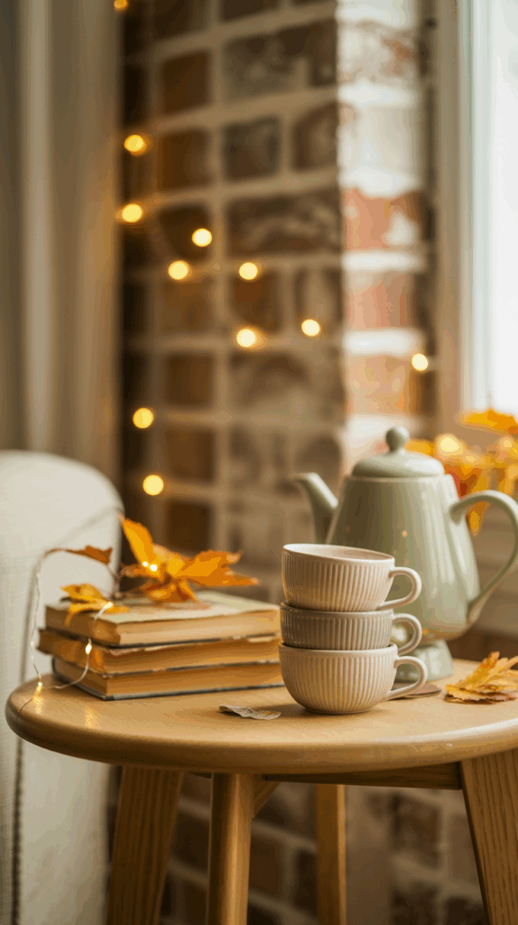 A cozy setting with three stacked white cups, a green teapot, and a stack of books with autumn leaves on a wooden table, framed by soft fairy lights and a brick wall.