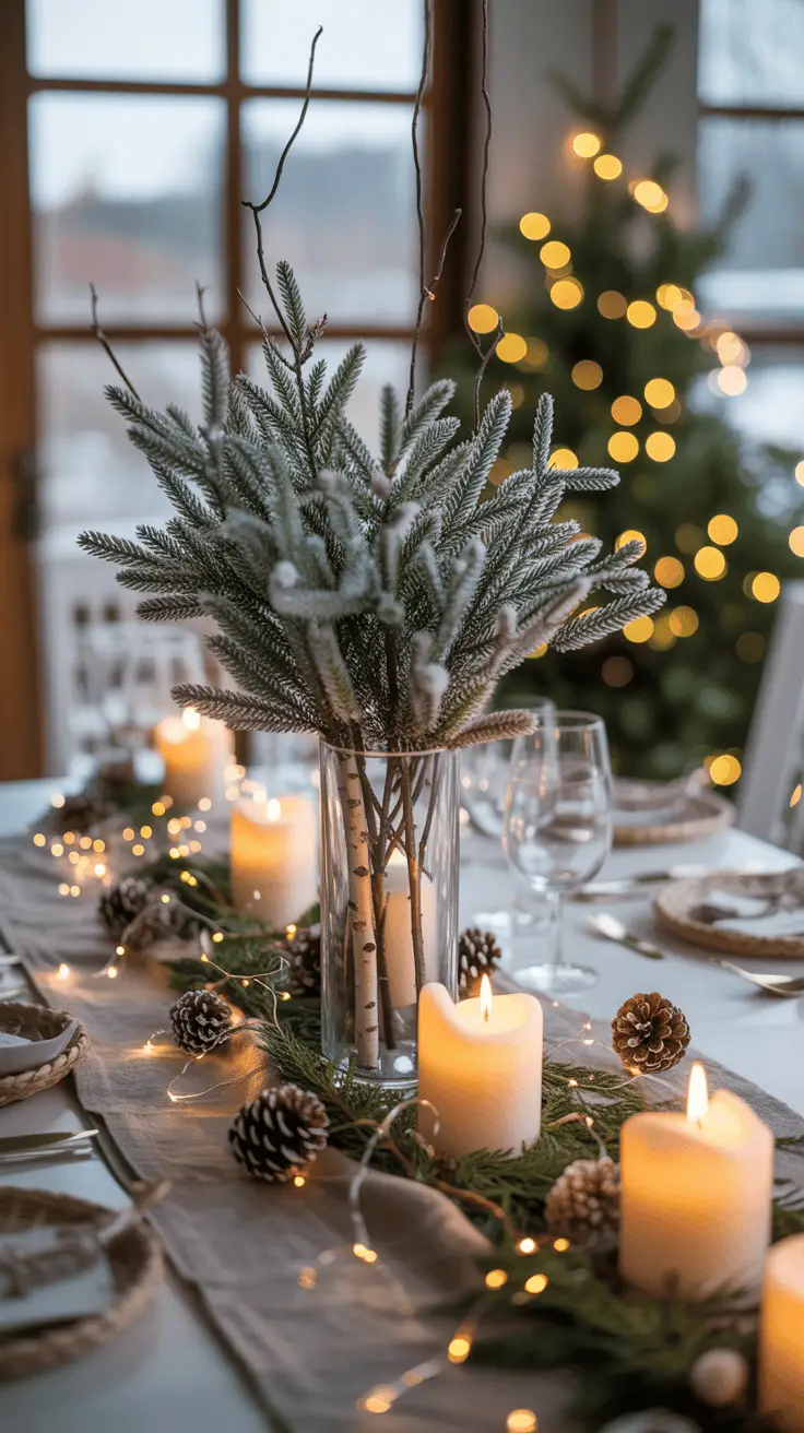 A festive table setting featuring a centerpiece with evergreen branches in a glass vase, surrounded by lit candles, pine cones, and twinkling fairy lights, with a blurred Christmas tree in the background.