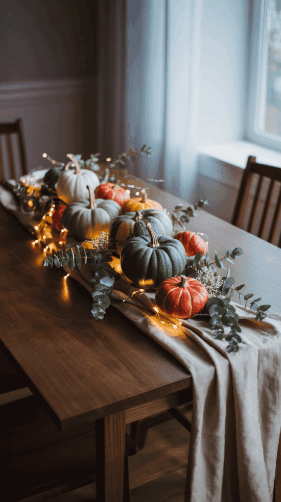 A wooden table decorated with a centerpiece of various pumpkins, eucalyptus leaves, and small twinkling lights, with natural light coming from a nearby window.