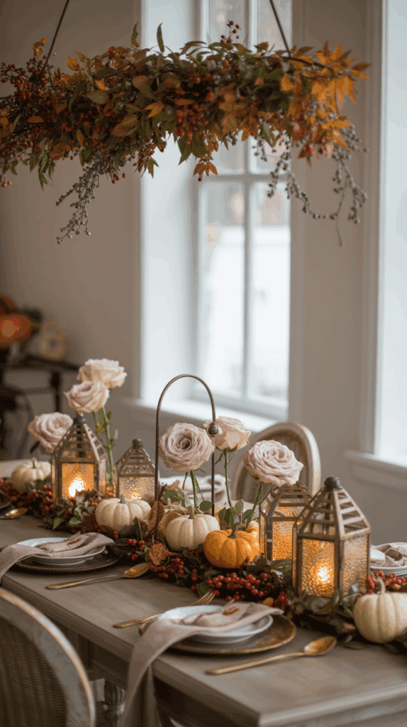 A dining table decorated for autumn, featuring lanterns with lit candles, white and orange pumpkins, and pink roses in a centerpiece. Above, a hanging arrangement of fall leaves and berries adds to the seasonal theme. The setting includes plates with pink napkins and gold cutlery.