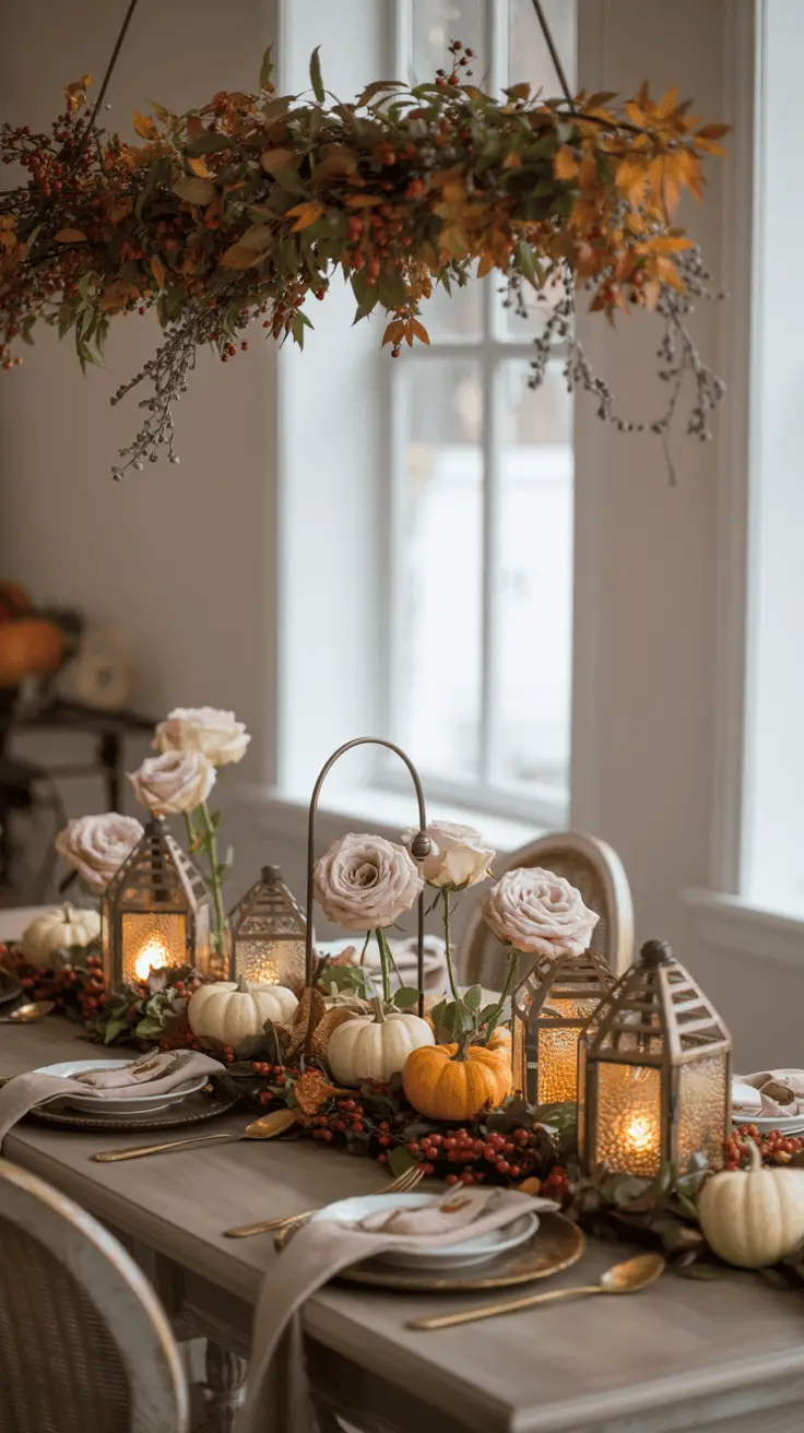 A dining table decorated for autumn, featuring lanterns with lit candles, white and orange pumpkins, and pink roses in a centerpiece. Above, a hanging arrangement of fall leaves and berries adds to the seasonal theme. The setting includes plates with pink napkins and gold cutlery.