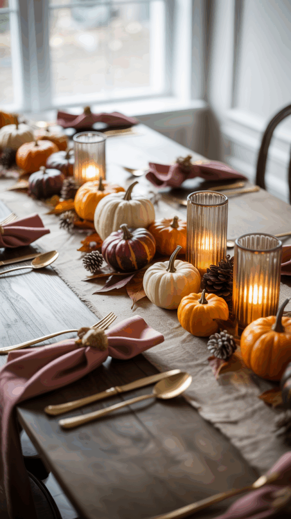 A decorated dining table set for autumn, featuring small pumpkins, pinecones, and candles along the center, surrounded by gold cutlery and napkins folded with red fabric.