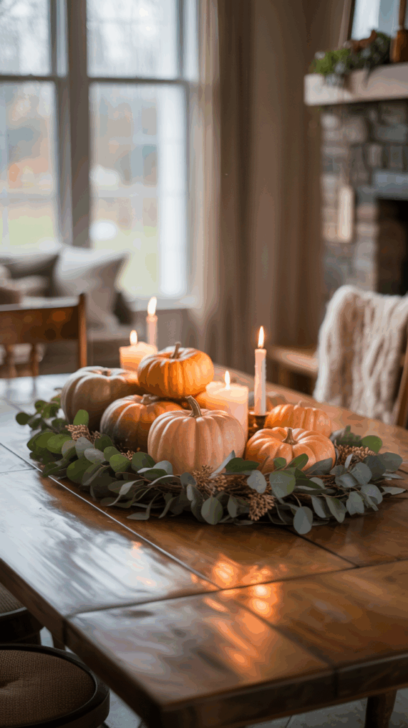 A fall-themed centerpiece on a wooden table features several pumpkins surrounded by greenery and eucalyptus leaves, with lit candles adding a warm, cozy ambiance in a softly lit room with large windows.