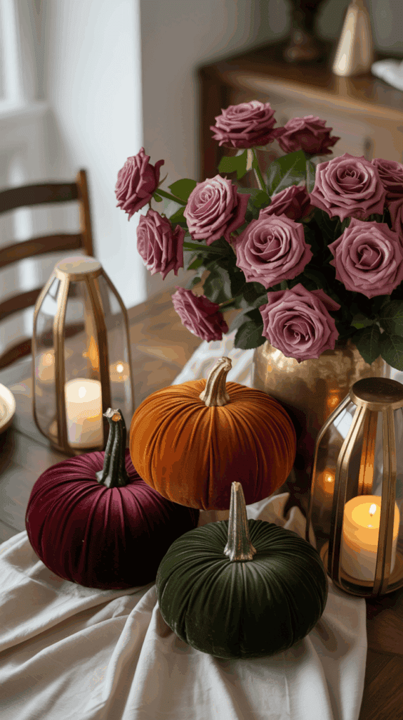A table decorated with three velvet pumpkins in orange, burgundy, and green, surrounded by tall lanterns with lit candles and a bouquet of mauve roses in a gold vase.