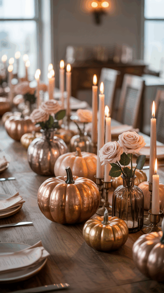 A dining table elegantly set with metallic pumpkins and tall, lit candles, complemented by pink roses in glass vases, creating a warm, festive atmosphere.